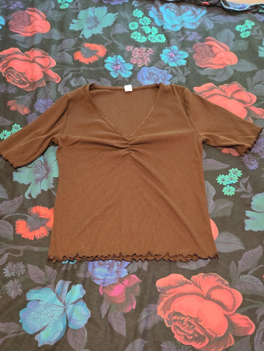 Old Navy Brown V-Neck Ribbed Short Sleeve Top